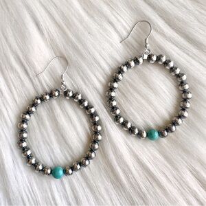 STERLING SILVER & Turquoise Desert Pearl Beaded Hook Hoop Earrings • 925 • NWT